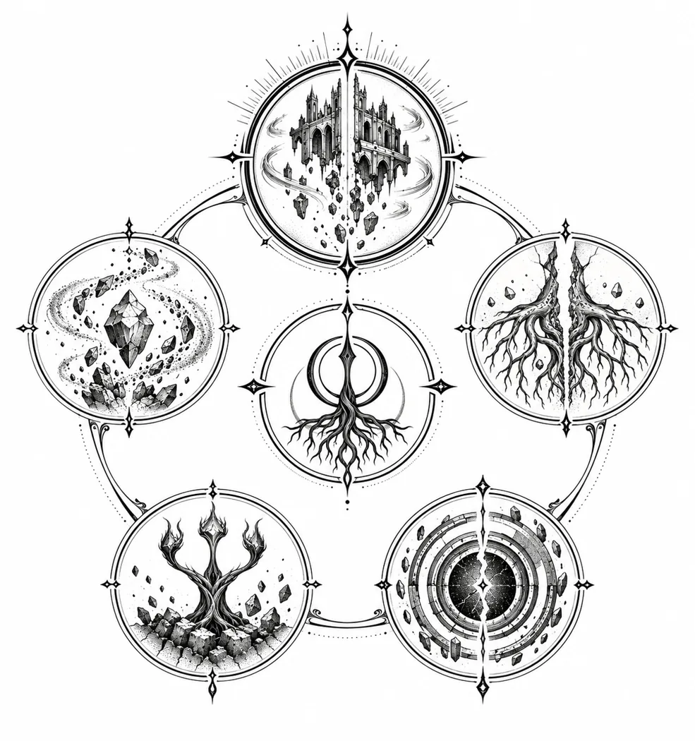 Diagrama do Ciclo de Jesed com os cinco livros e Ruínas dos Céus em destaque